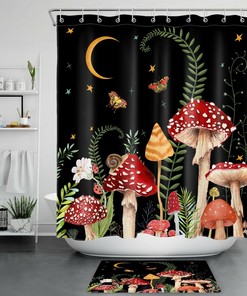 Wonderland Mushroom Butterfly Moon Shower Curtain - Boho Bathroom Decor