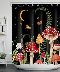 Wonderland Mushroom Butterfly Moon Shower Curtain - Boho Bathroom Decor