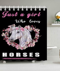 Wreath White Horse Black Fabric Shower Curtain - Quick-Drying Bathroom Decor 