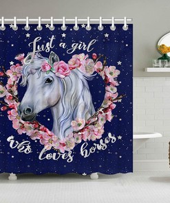 Wreath White Horse Blue Fabric Shower Curtain - Quick-Drying Bathroom Decor 