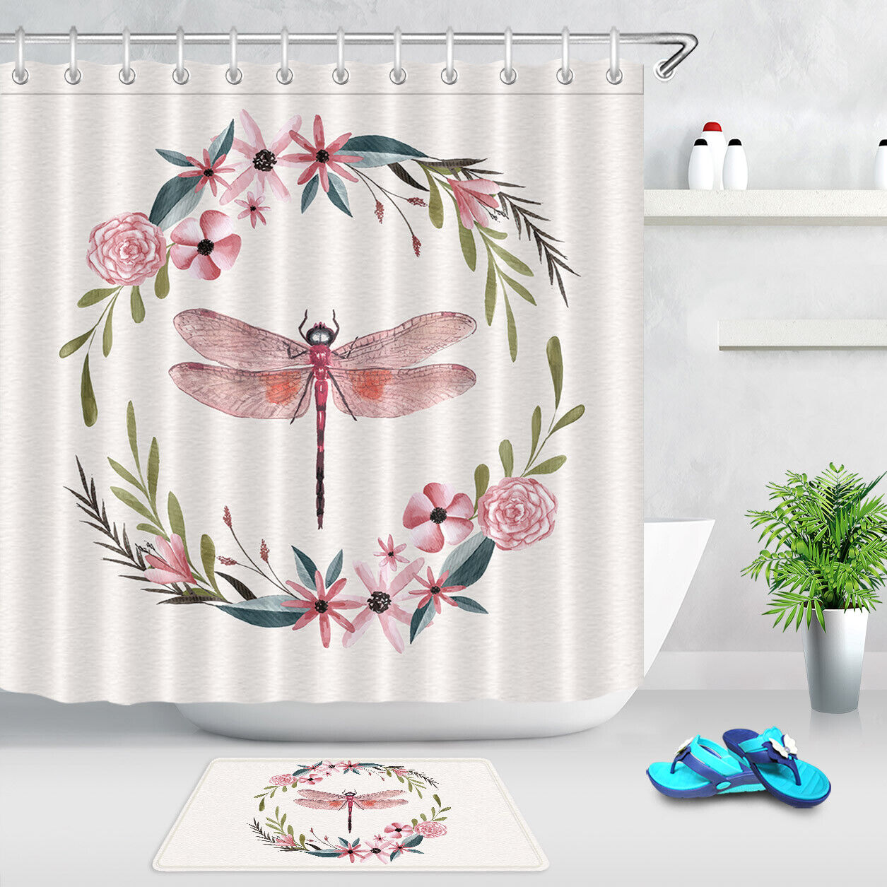 Wreath and Dragonfly Watercolor Forest Flowers Shower Curtain - Bathroom Waterproof Fabric