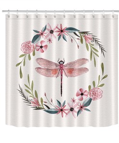 Wreath and Dragonfly Watercolor Forest Flowers Shower Curtain - Bathroom Waterproof Fabric