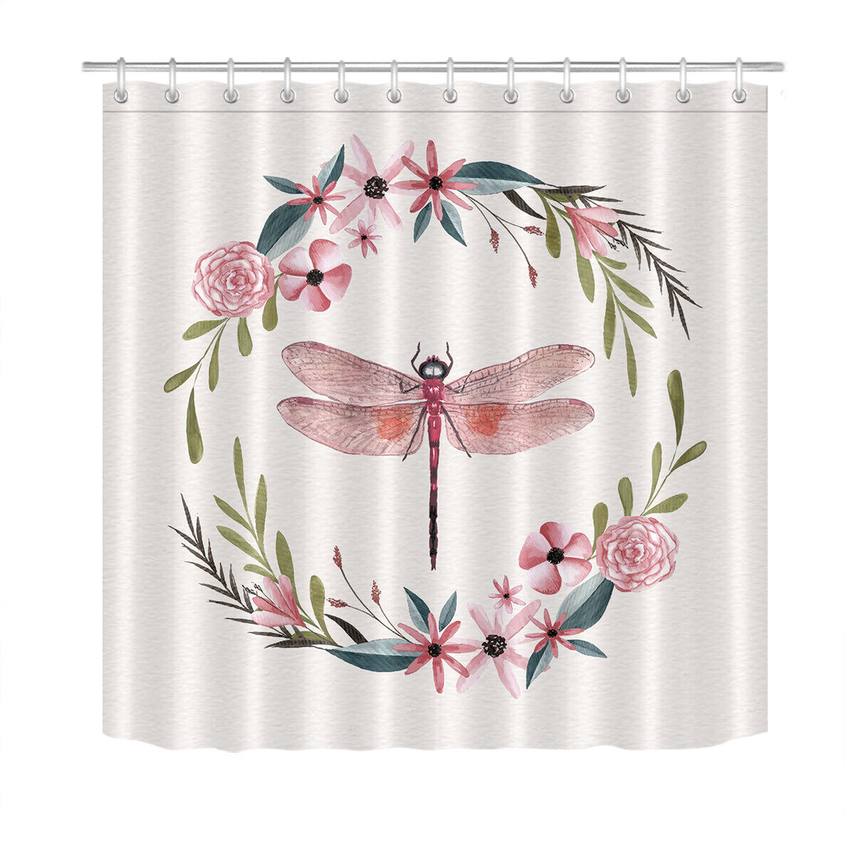 Wreath and Dragonfly Watercolor Forest Flowers Shower Curtain - Bathroom Waterproof Fabric