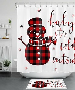 Xmas Buffalo Plaid Shower Curtain with Snowman and Snowflakes