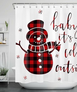 Xmas Buffalo Plaid Shower Curtain with Snowman and Snowflakes