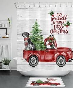 Xmas Dog on Rustic Red Truck Shower Curtain - Bathroom Decor 