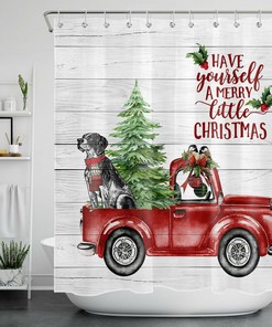 Xmas Dog on Rustic Red Truck Shower Curtain - Bathroom Decor
