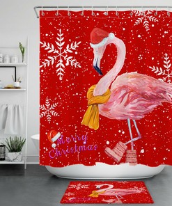 Xmas Red Background Flamingo Fabric Shower Curtain - Bathroom Decor