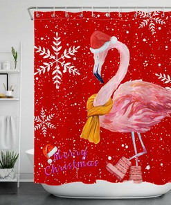 Xmas Red Background Flamingo Fabric Shower Curtain - Bathroom Decor