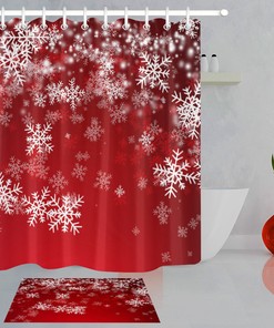 Xmas Red Background Snowflake Fabric Shower Curtain - Festive Bathroom Decor