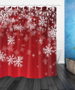 Xmas Red Background Snowflake Fabric Shower Curtain - Festive Bathroom Decor