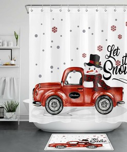 Xmas Snowman on Rustic Red Truck Shower Curtain - Bathroom Decor