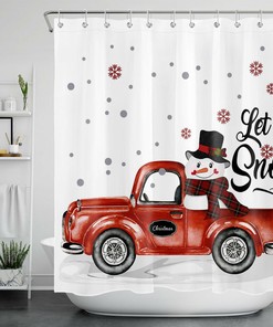 Xmas Snowman on Rustic Red Truck Shower Curtain - Bathroom Decor