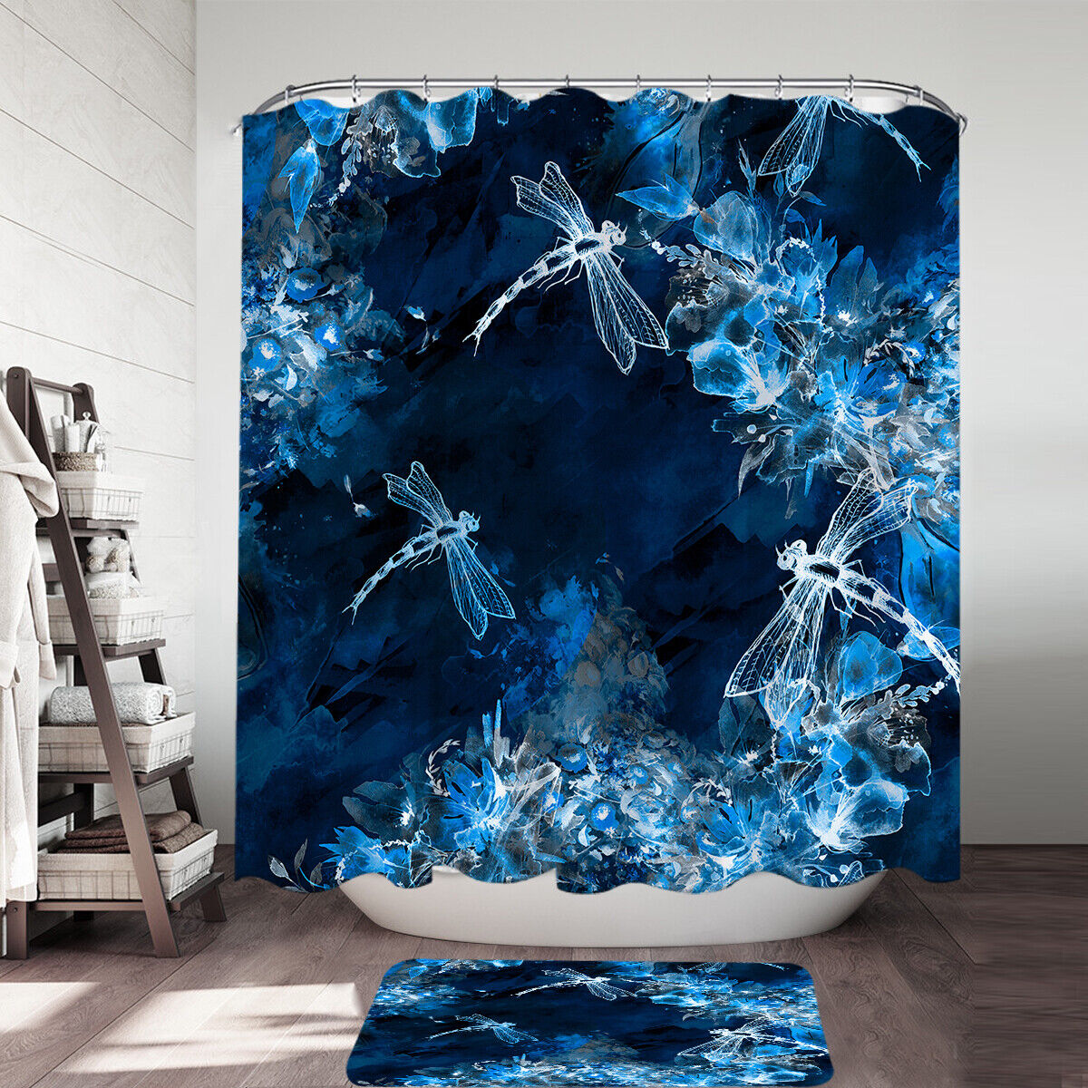 X-ray Blue Flowers and Dragonflies Shower Curtain - Unique Bathroom Decor