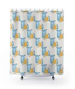 Yellow Bath Duck Striped Shower Curtain for Cute Bathroom Decor