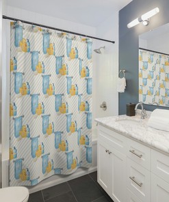 Yellow Bath Duck Striped Shower Curtain for Cute Bathroom Decor