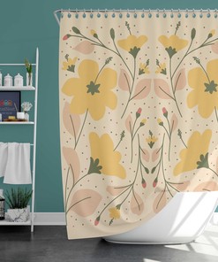 Yellow Botanical Floral Shower Curtain - Pink Flowers and Leaves - Fabric Bathroom Curtain - Housewarming Gift