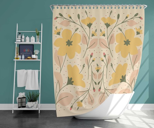 Yellow Botanical Floral Shower Curtain - Pink Flowers and Leaves - Fabric Bathroom Curtain - Housewarming Gift