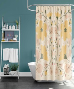 Yellow Botanical Floral Shower Curtain - Pink Flowers and Leaves - Fabric Bathroom Curtain - Housewarming Gift