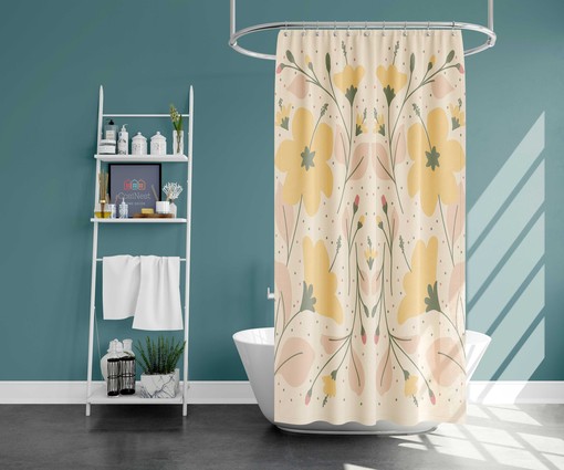 Yellow Botanical Floral Shower Curtain - Pink Flowers and Leaves - Fabric Bathroom Curtain - Housewarming Gift