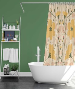 Yellow Botanical Floral Shower Curtain - Pink Flowers and Leaves - Fabric Bathroom Curtain - Housewarming Gift