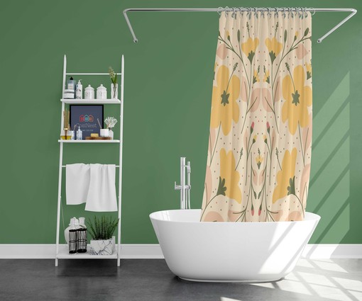 Yellow Botanical Floral Shower Curtain - Pink Flowers and Leaves - Fabric Bathroom Curtain - Housewarming Gift