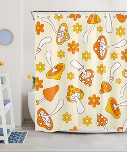 Yellow Orange Plant and Mushroom Flower Shower Curtain - Nature Bathroom Decor - Home Decor