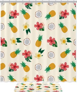 Yellow Pineapples and Creamy Flowers Shower Curtain - Waterproof Fabric Shower Curtain - Bathroom Decor