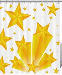 Yellow Stars Pattern Shower Curtain - White Fabric - Space Bathroom Decor
