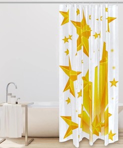 Yellow Stars Pattern Shower Curtain - White Fabric - Space Bathroom Decor