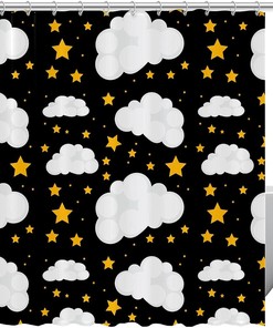 Yellow Stars and Clouds Pattern Shower Curtain - White Fabric - Cute Bathroom Decor