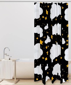 Yellow Stars and Clouds Pattern Shower Curtain - White Fabric - Cute Bathroom Decor