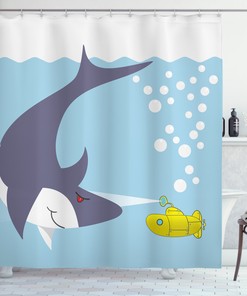 Yellow Submarine Shower Curtain - Shark and Bubbles Print - Colorful Bathroom Decor - Home Accessory