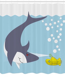 Yellow Submarine Shower Curtain - Shark and Bubbles Print - Colorful Bathroom Decor - Home Accessory