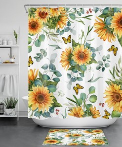Yellow Sunflower Butterfly Shower Curtain - Green Plant Bathroom Decor - Home Accessory