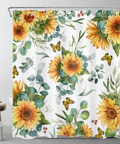 Yellow Sunflower Butterfly Shower Curtain - Green Plant Bathroom Decor - Home Accessory