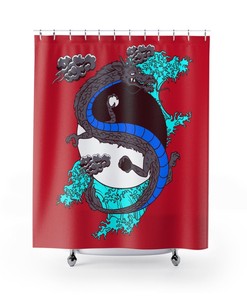 Yin-Yang Dragon Shower Curtain - Vintage Retro Style - Japanese and Chinese Folklore Bathroom Decor