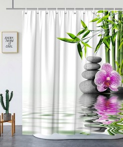 Zen Spa Garden Shower Curtain with Green Bamboo Purple Flower Stone Reflection Water Landscape Pattern Print