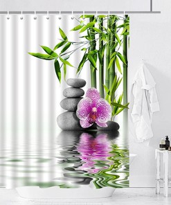 Zen Spa Garden Shower Curtain with Green Bamboo Purple Flower Stone Reflection Water Landscape Pattern Print