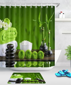 Zen Spa Stones Shower Curtain - Rustic Bathroom Decor with Flowers and Pine Cones 