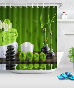 Zen Spa Stones Shower Curtain - Rustic Bathroom Decor with Flowers and Pine Cones