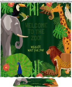 Zoo Animals Waterproof Shower Curtain - Elephant Lion Peacock Giraffe Mat for Bathroom