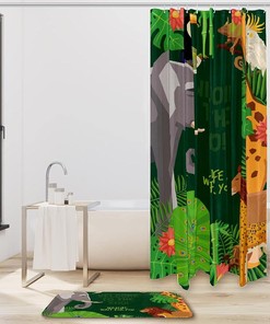 Zoo Animals Waterproof Shower Curtain - Elephant Lion Peacock Giraffe Mat for Bathroom